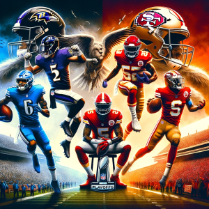 DALL·E 2024 01 24 12.50.49 A composite illustration featuring the four NFL teams in the 2024 Championship games Baltimore Ravens Kansas City Chiefs San Francisco 49ers and D